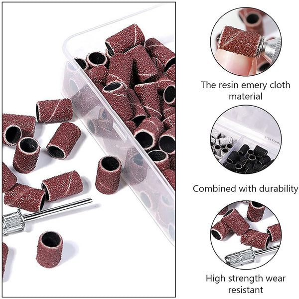 210PCS Sanding Bands 3 Colours 80/120/180 Nail Drill Machines Filing Bits + Boxs