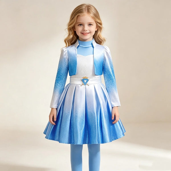 Girl wearing Descendants Chloe Charming blue and white costume