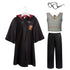 Trousers set: black hooded robe, grey vest-print top and black trousers