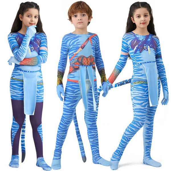 Kids Avatar Na'vi costume blue printed bodysuit with tail for Book Week dress up