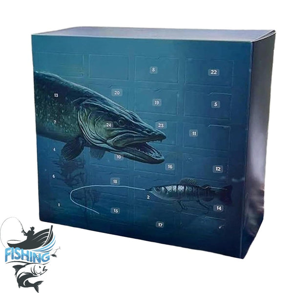 Fishing advent calendar with 24 doors in a pike design box