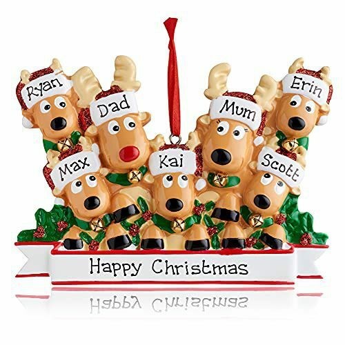 7 reindeer personalised ornament with Happy Christmas banner