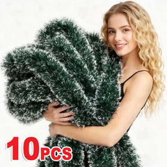 Christmas Tinsel Garland 10 Pack – 2m x 9cm Frosted Green Tinsel for Tree & Stairs