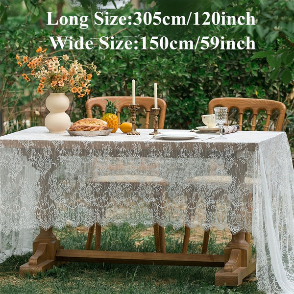 2PCS White Embroidered Lace Tablecloth Rectangle Vintage Floral Table Cover 150x305CM
