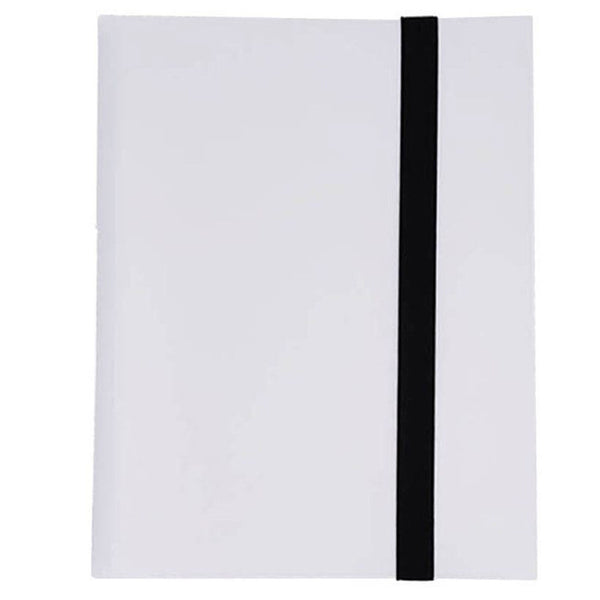 White trading card binder with elastic strap