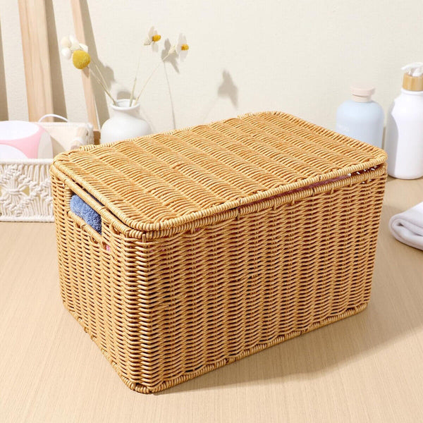 Storage Box Bedroom Organizer Faux Rattan Woven Basket with Lid Home Storage