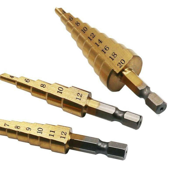 3pcs NEW HSS Steel Step Cone Drill Titanium Bit Set Hole Cutter 3/12mm 4-12/20mm