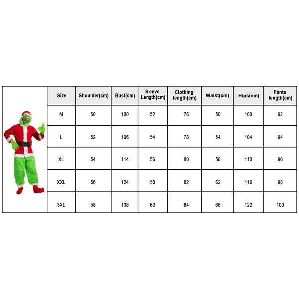 Size chart for the furry pants sets, sizes M to 3XL