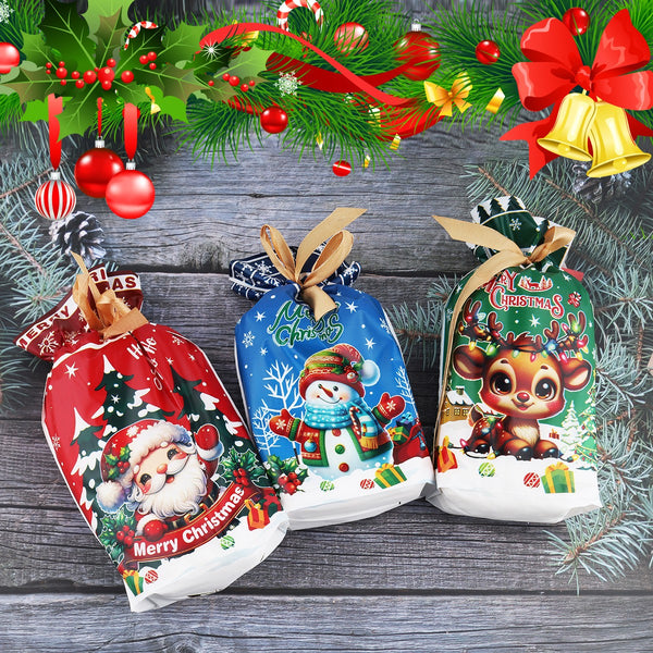 Three Christmas gift bags with gold ribbon among pine branches and baubles