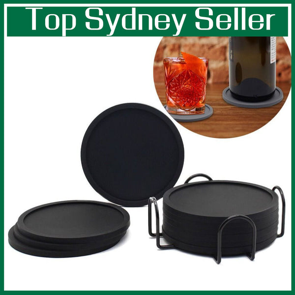 6x Round Black Silicone Coasters Non-slip thermal insulation Cup Mats Pad Drink