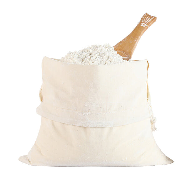 Large calico drawstring bag holding flour