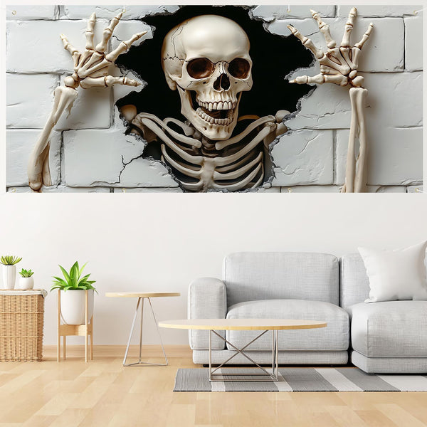 Halloween photo backdrop banner set up behind a party table