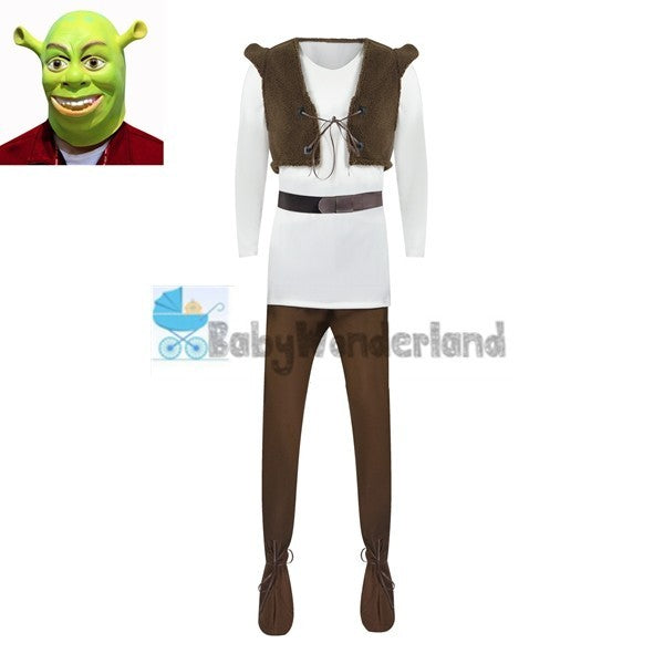 Adult Men Shrek Green Monster Cosplay Costume Mask Gloves Halloween Party XS-3XL