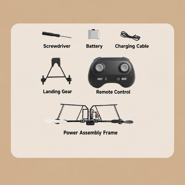 RC paper airplane kit contents - screwdriver, battery, charging cable, landing gear, remote and power frame - Lets Party
