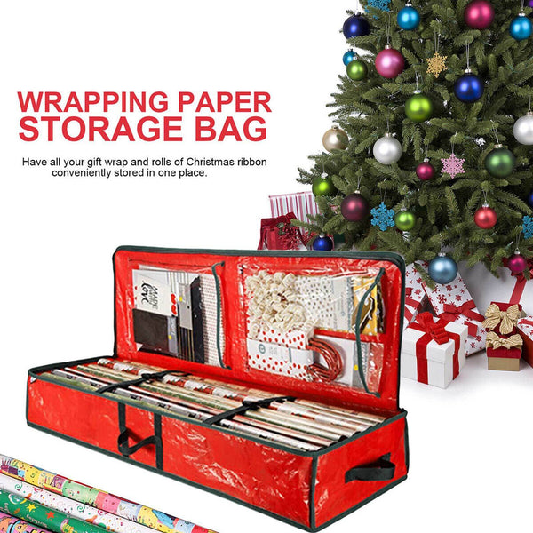 Wrapping paper storage bag holding rolls of Christmas paper, ribbon and tags