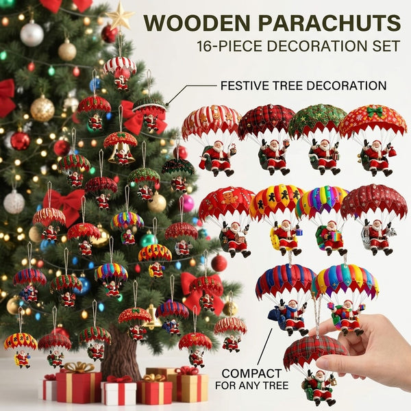 16 piece wooden parachute Christmas decoration set with red, rainbow and tartan canopies