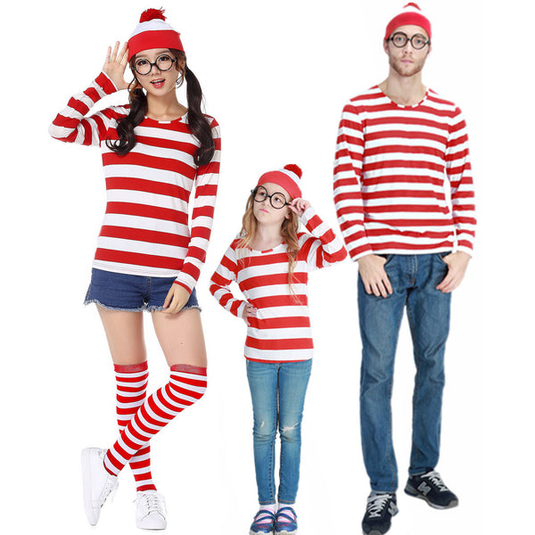 Women Men Kids Wheres Wally T-shirt Glasses Hat Socks Christmas Costume Cosplay