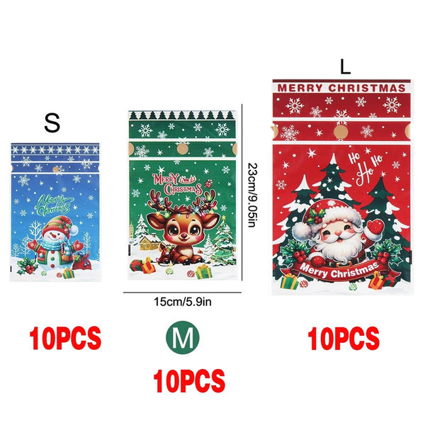 Mixed size pack F: 10 small Snowman, 10 medium Reindeer and 10 large Santa Christmas gift bags