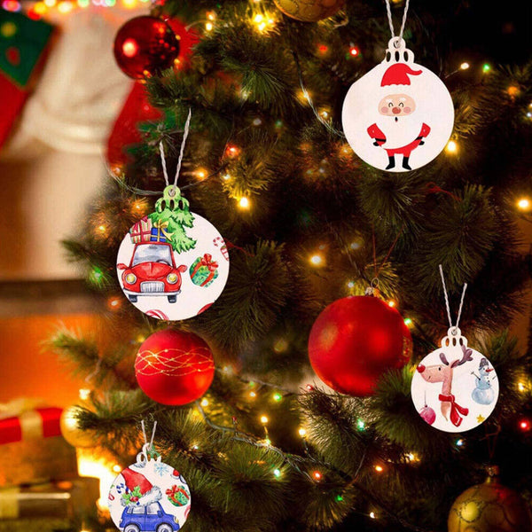 Painted round wooden ornaments with Santa designs on a tree