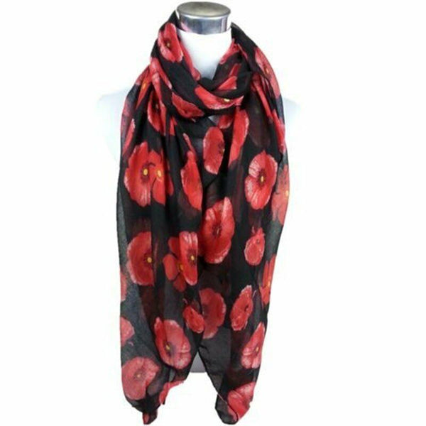 Women Ladies Poppy Print Floral Scarf Remembrance Day Poppies Scarves Wrap Shawl