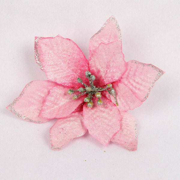 Pink glitter poinsettia flower, 13 cm