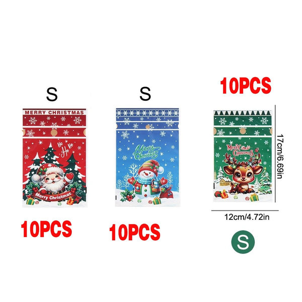 Small 12 x 17 cm Christmas gift bags: 10 Santa, 10 snowman and 10 reindeer