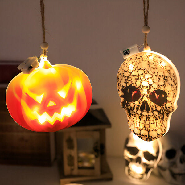 LED skull light hanging in a Halloween party setup