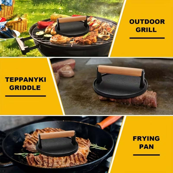 Cast Iron Burger Press with Wooden Handle | BBQ Grill Meat Smasher Patty Maker