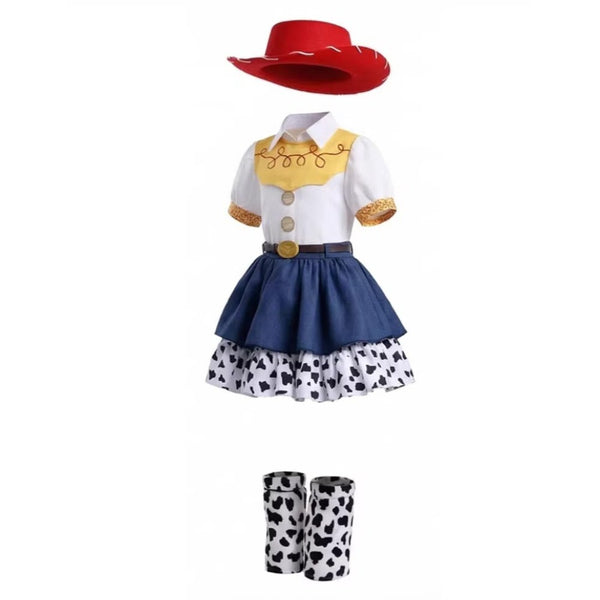Full Jessie cowgirl costume set for girls with hat and leg warmers