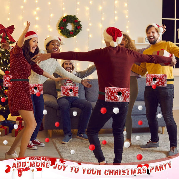 Friends playing the shake the box minute to win it game at a Christmas party
