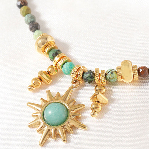Vintage Colourful Beaded Necklace for Women with Turquoise Sun Pendant Fashion
