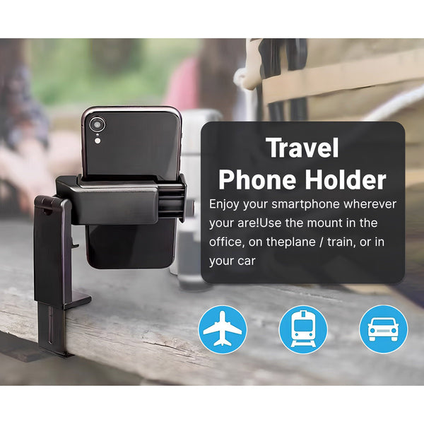 Universal Adjustable Phone Stand Holder | 360° Rotating Travel Desk & Clip Mount