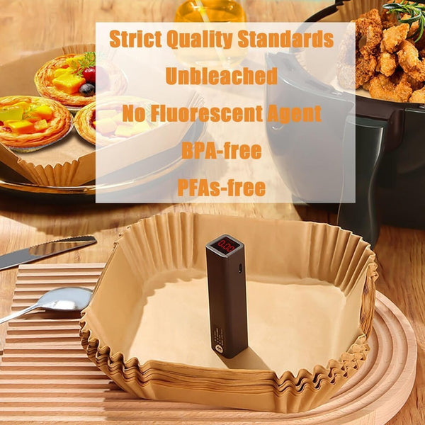 Unbleached food-grade parchment air fryer liner holding cooked food