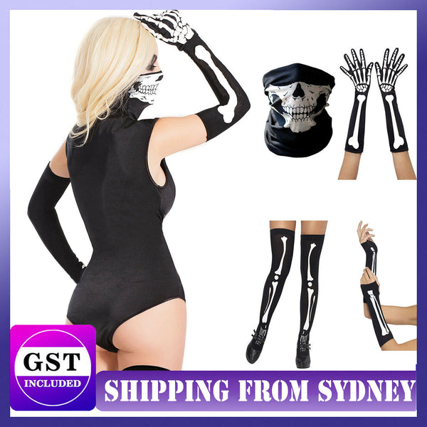 Skeleton Gloves Stockings Face Mask Skull Halloween Women Fancy Dress Costume AU