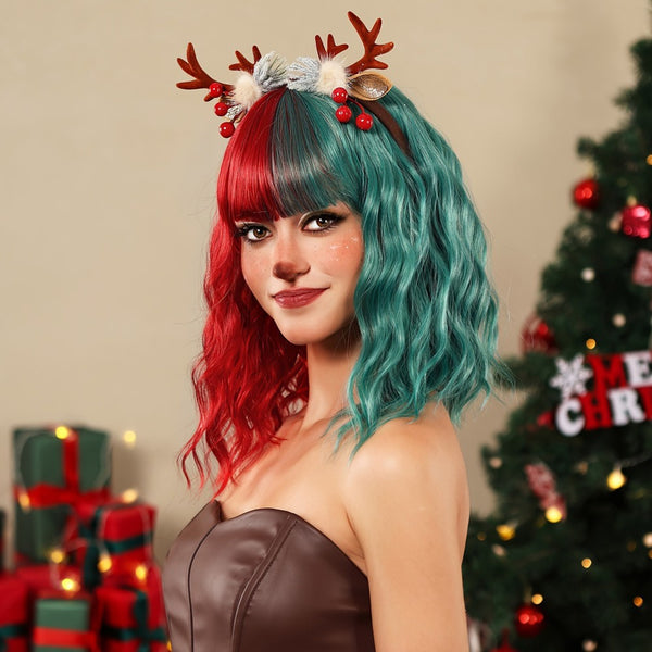 Christmas Wig Red and Green Wig Short Wavy Fun Wigs with Bangs Curly Bob Wigs