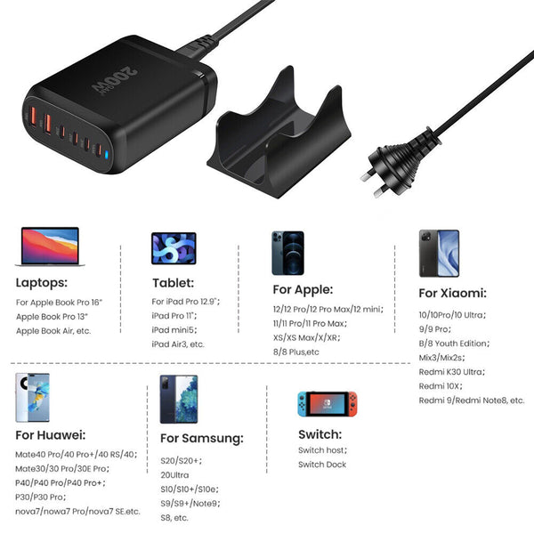 6 Port Fast GaN 200W Multi USB-C Wall Charger Quick Charging QC PD Type C USB AU