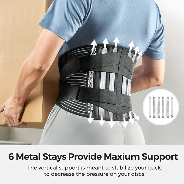 Man lifting a box wearing a lumbar support belt