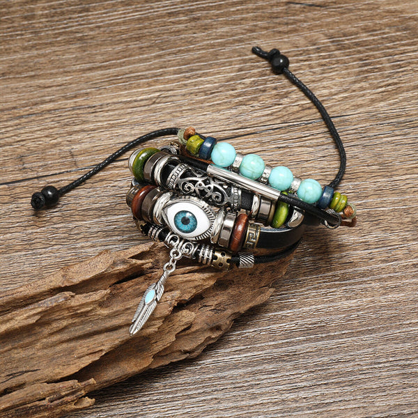 Turquoise Woven Leather Multi Layered Beaded Bracelet with Wood Beads for Women