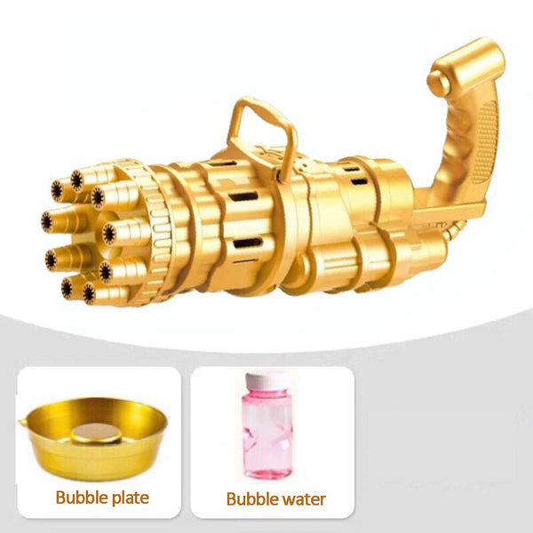 Gold gatling bubble machine with bubble tray and bottle