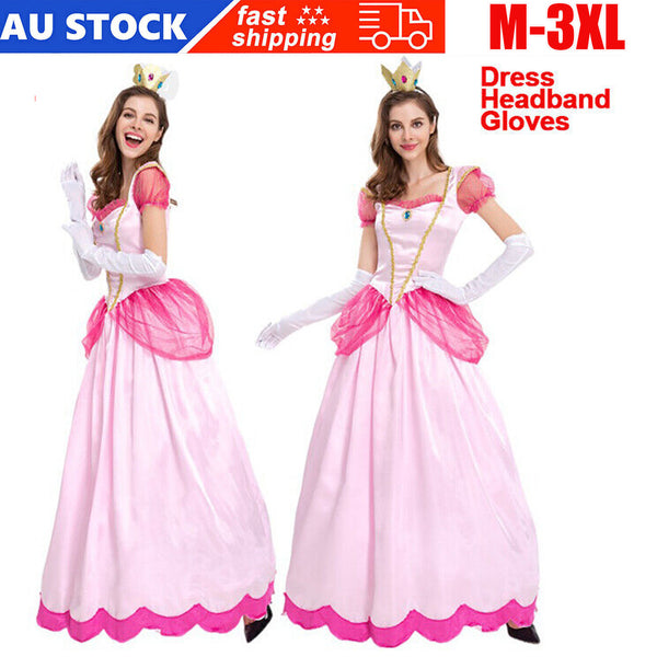 Women's pink princess costume, two views of the satin ball gown with crown and gloves
