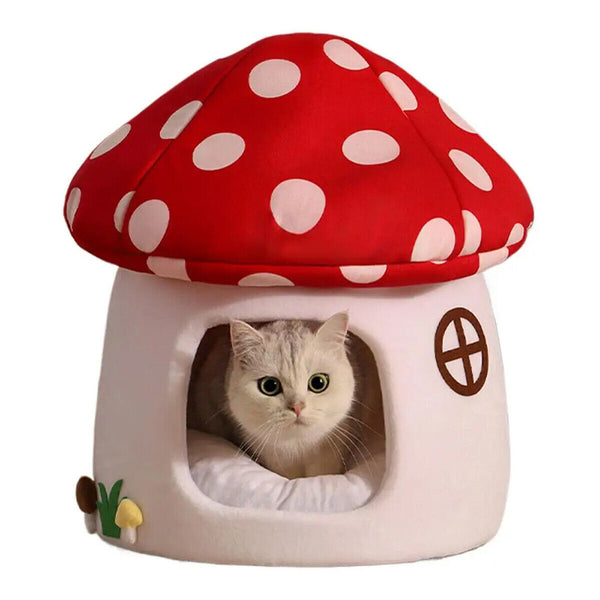 Winter Mushroom Cat House Cozy Sleeping Pet Bed for Cats Indoor Warm Pet House