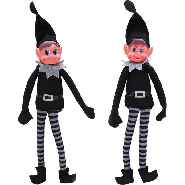 Two black Christmas elf dolls with grey striped legs standing side by side