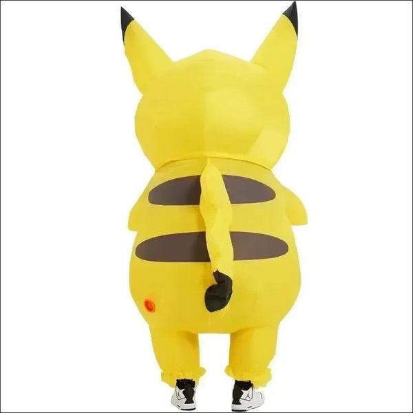 Back view of person wearing inflatable Pikachu costume showing tail