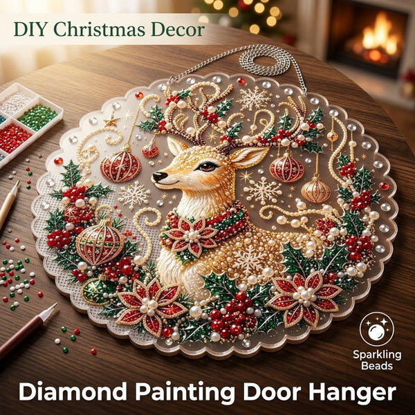 Deer diamond painting door hanger in progress on a table with bead tray and pen