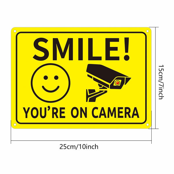 4pcs “Smile You’re on Camera” Metal Sign | Security Warning CCTV Wall Signs