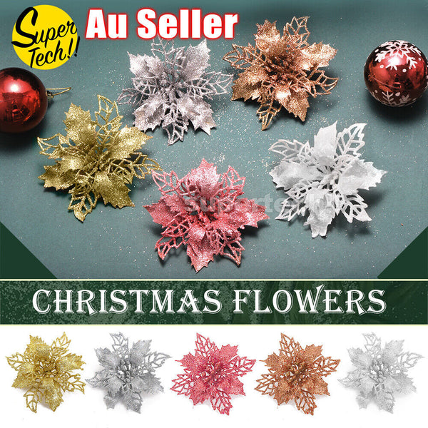 10 X Christmas Poinsettia Glitter Flower Tree Hanging Xmas Tree Party Decoration