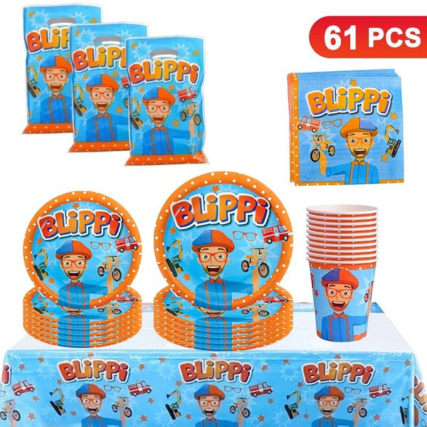 Blippi Party Supplies Tableware Kids Birthday Banner Topper Balloon Plate Bag