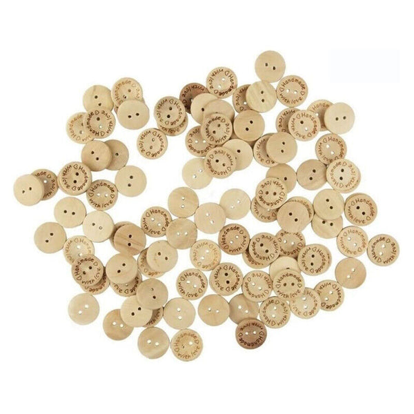 100PCS Natural Wooden Button Craft Sewing DIY Handmade With Love Wooden Buttons