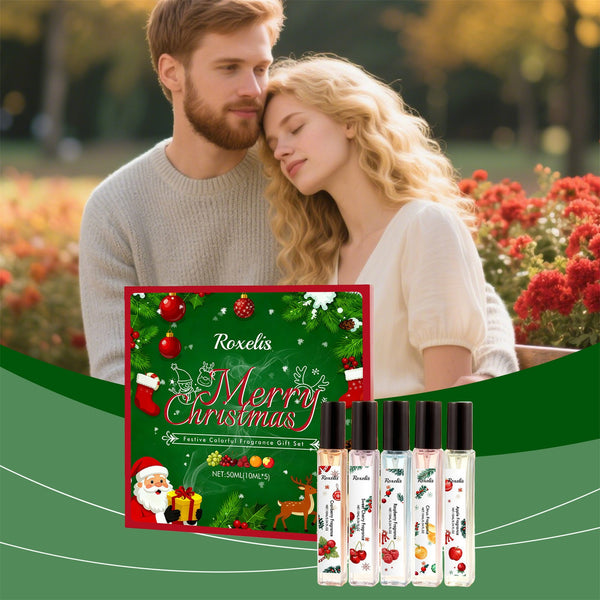Couple in a garden with the five-bottle Christmas perfume gift set