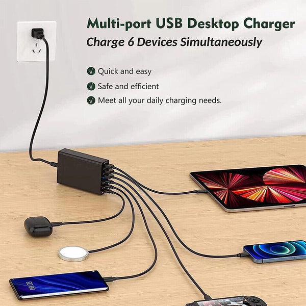6 Port Fast GaN 200W Multi USB-C Wall Charger Quick Charging QC PD Type C USB AU